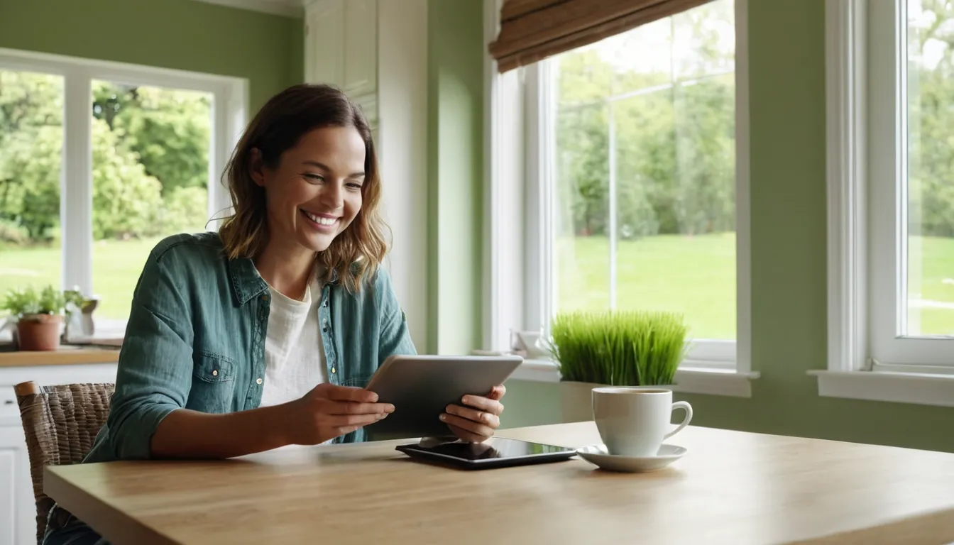 A homeowner filling out an estimate request on a tablet at the kitchen table in the Dallas area