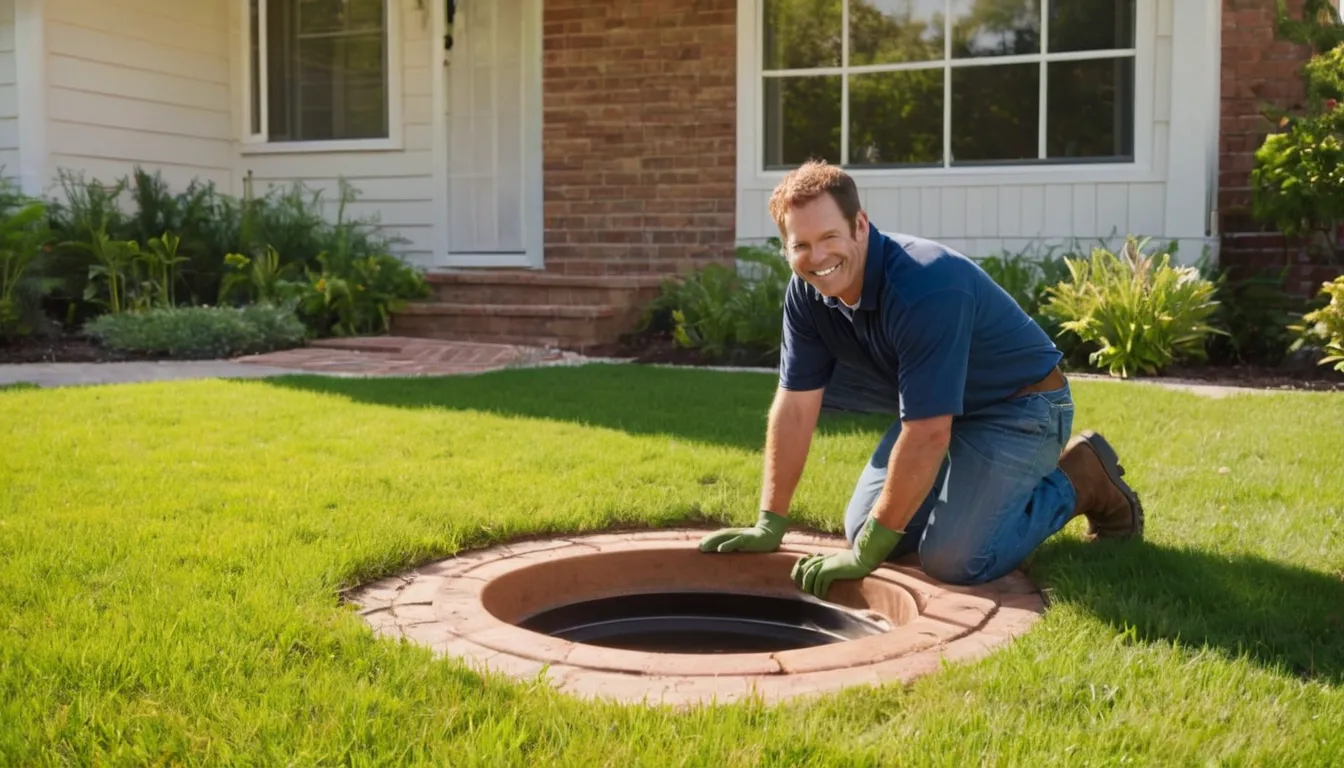 Friendly septic provider inspecting a tank lid in a residential yard in Dallas