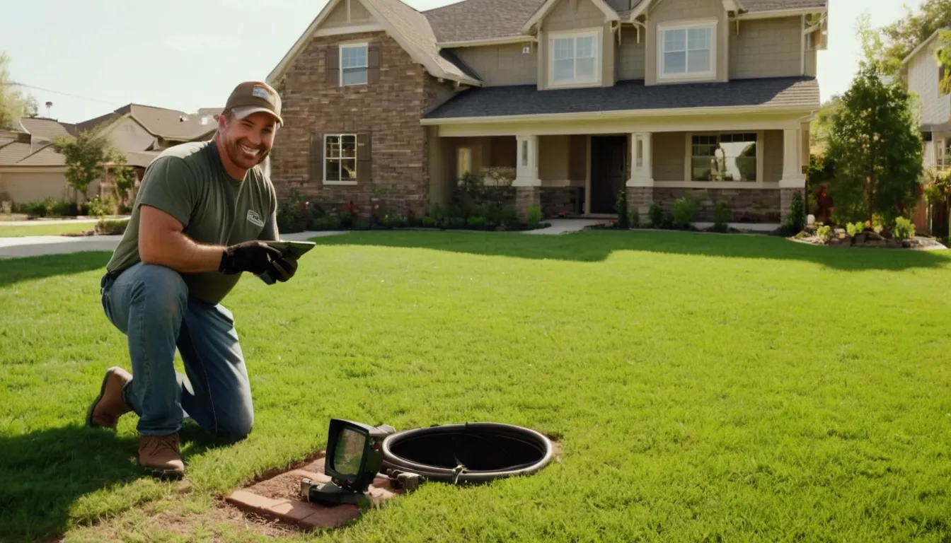 Local sewer line provider and a homeowner reviewing a camera inspection screen in a front yard in Dallas